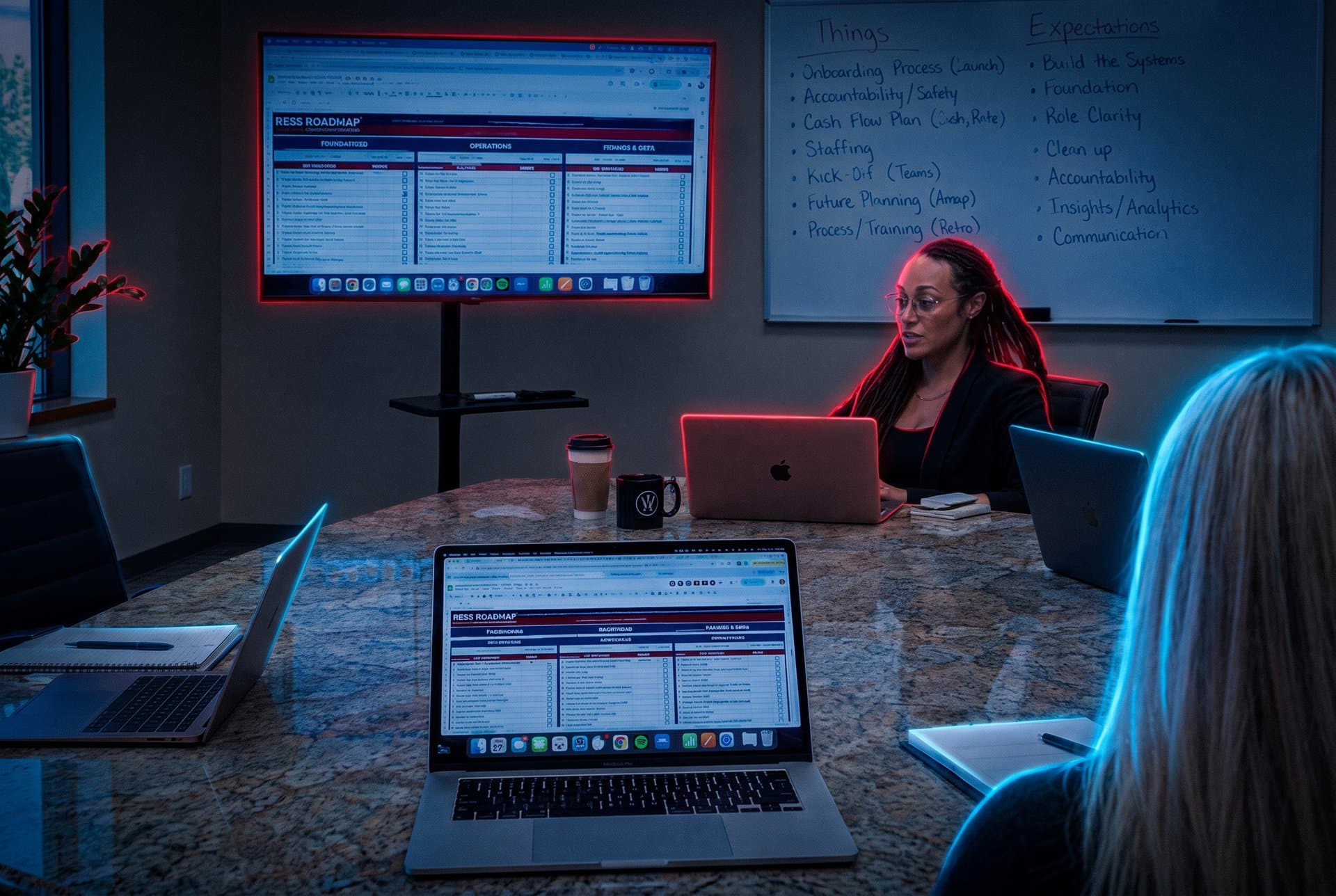 A Roofing Academy coach leads a working session with an owner team, a roadmap spreadsheet open on the laptop and the TV.