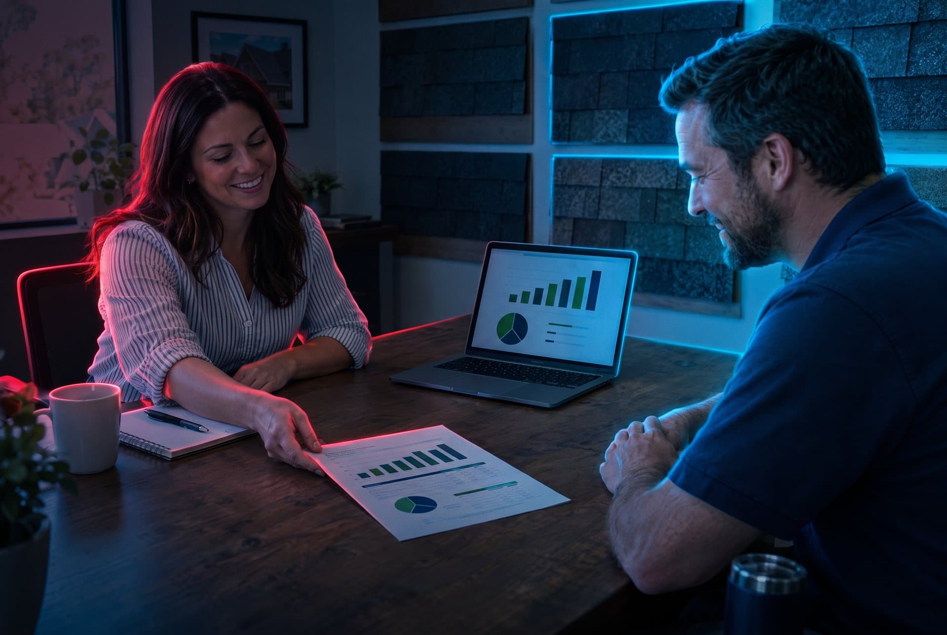 A bookkeeper walks a roofing company owner through his monthly report.