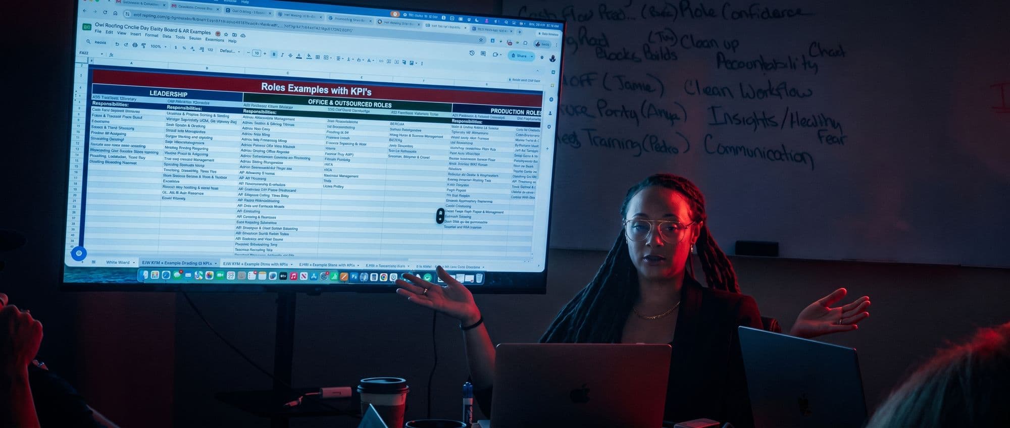 A Roofing Academy coach walks a member team through a spreadsheet on the screen.