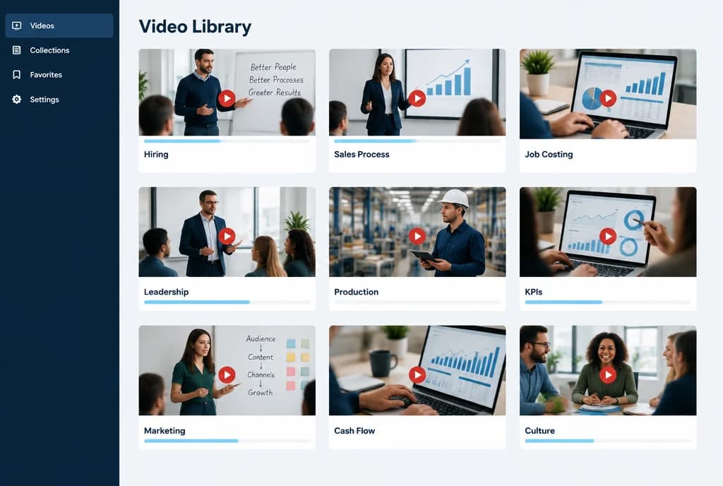 Illustration of the member video library: a grid of training videos on hiring, sales, job costing, leadership, KPIs and more