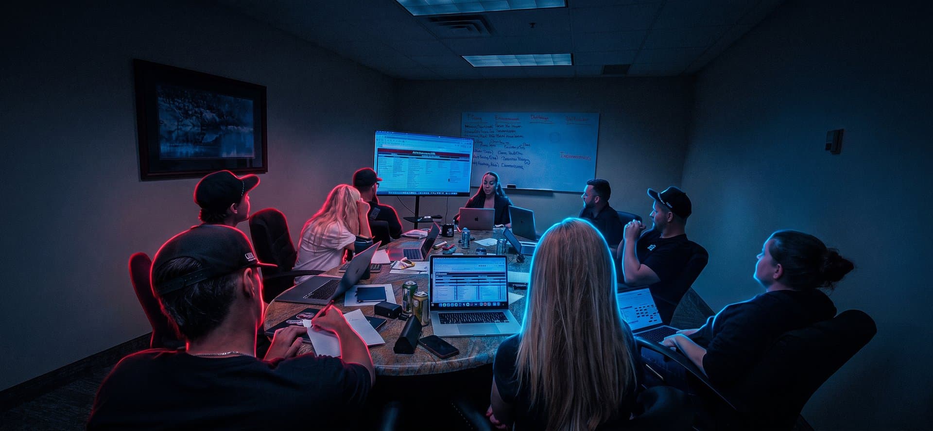 A Roofing Academy coaching session with a member team around the conference table