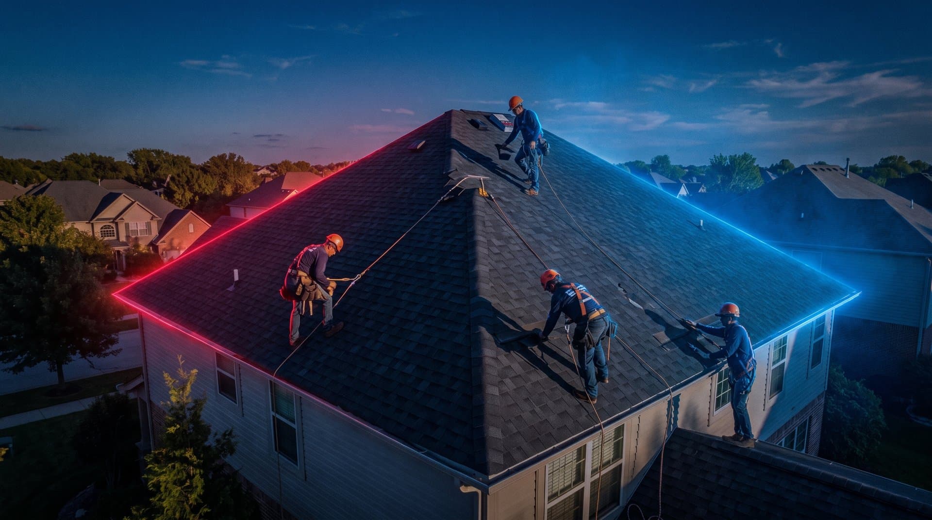Roofing crew installing architectural shingles on a suburban home at golden hour