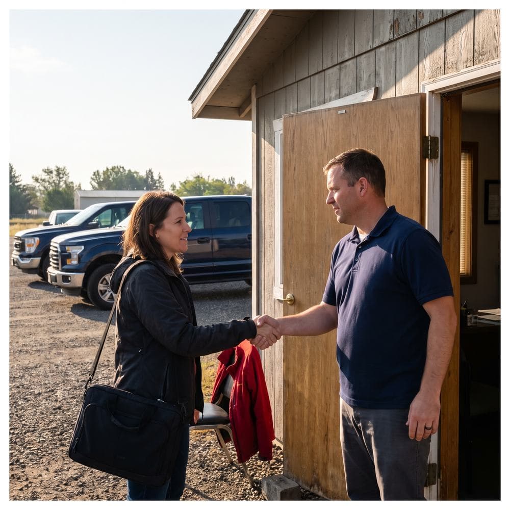 A CRM specialist with a laptop bag shakes hands with a roofing company owner at his office door, navy pickups in the lot behind.