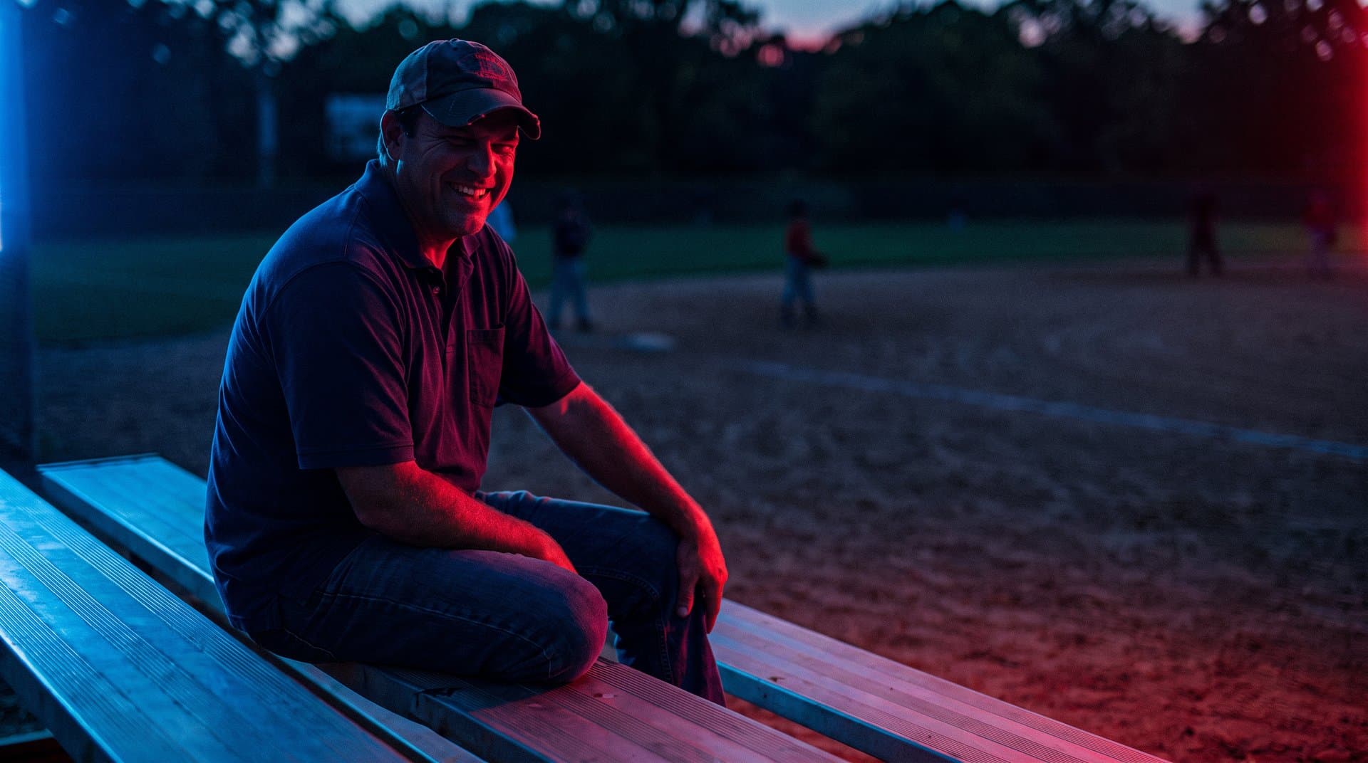 Roofing company owner relaxed at a youth baseball game with his phone set aside