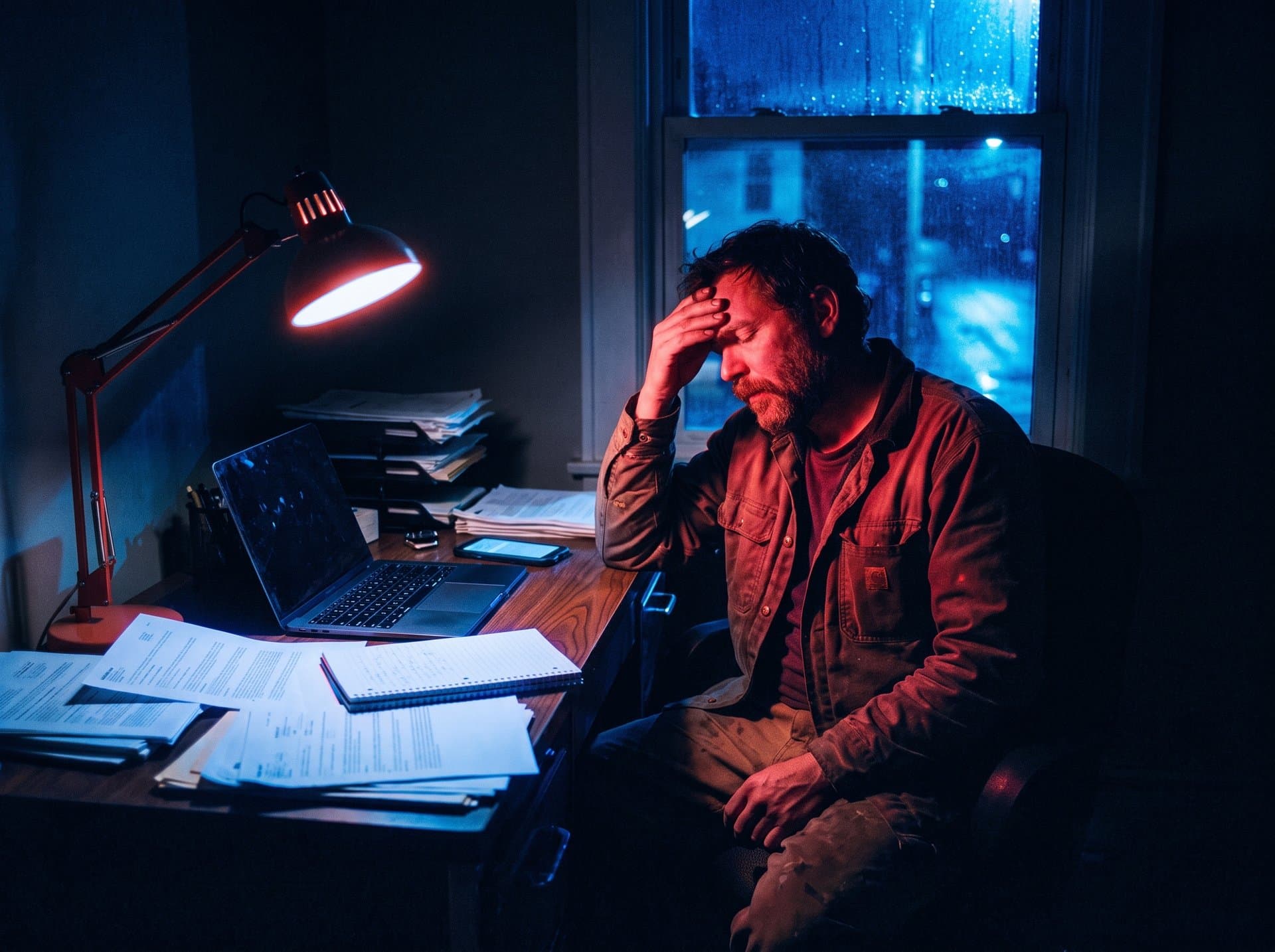 Roofing contractor working late at a desk covered in paperwork
